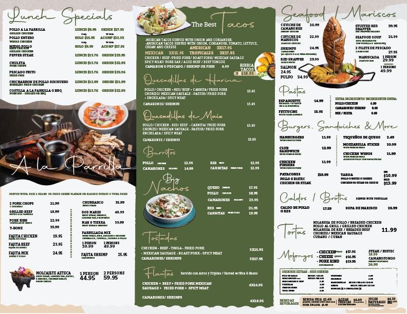 Menu page for grilled meats and Mexican-inspired dishes.