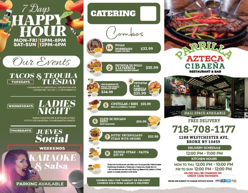 Printed menu showing restaurant categories and dishes.