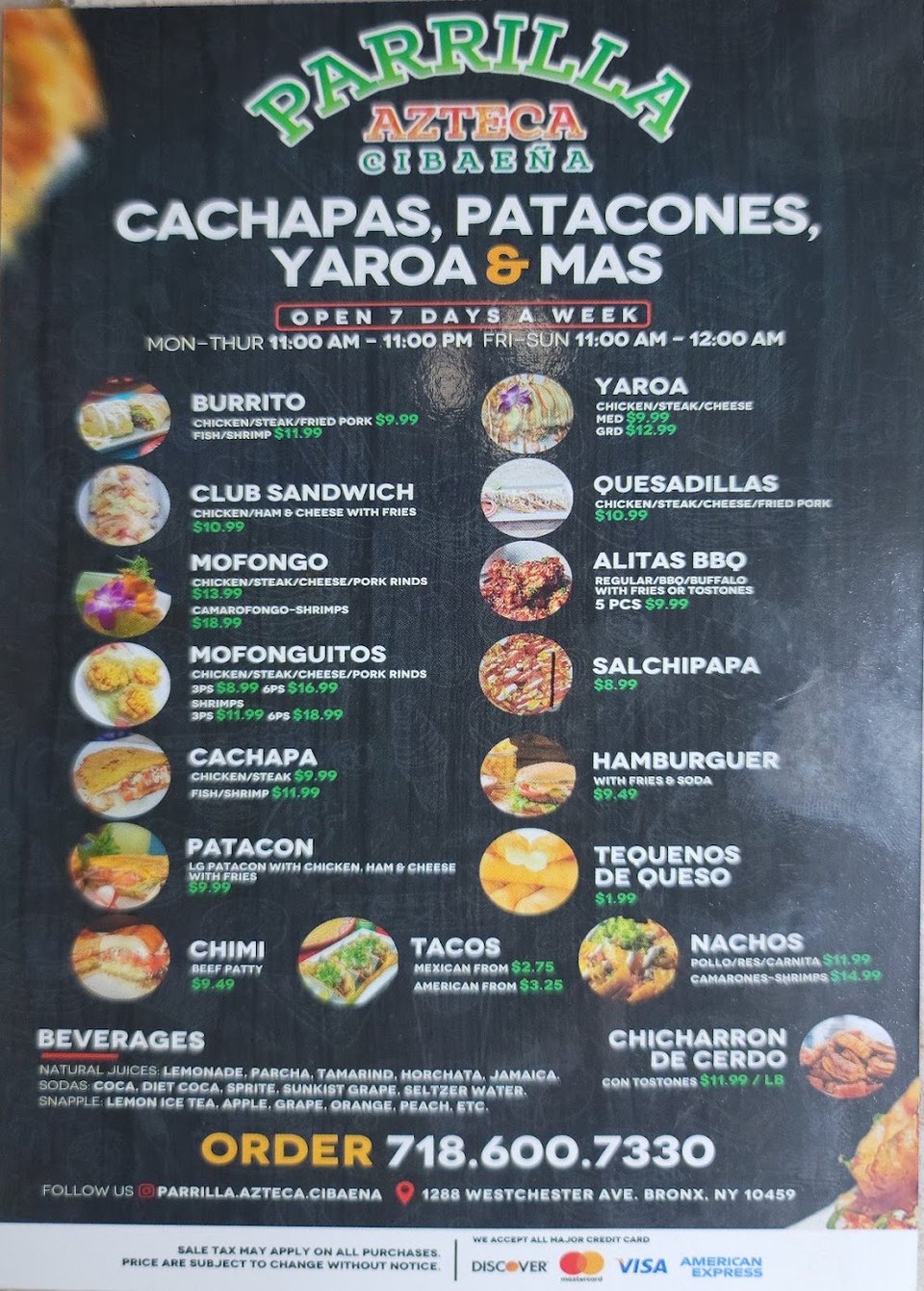 Menu layout for tacos, burritos, and grilled meats.