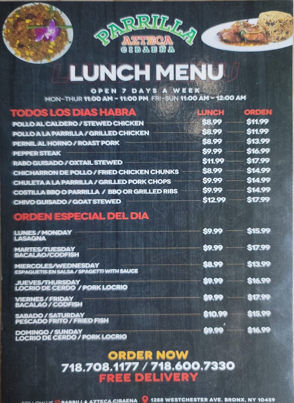 Restaurant menu with simple sections and bold headings.